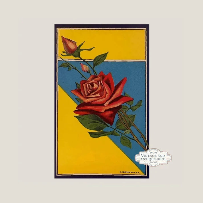 Red rose with green leaves and rosebud on Charming Antique Vintage Rose Broom Label