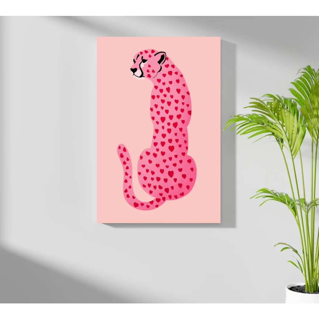 Stylized cheetah with red hearts on pink insigne aluminum print