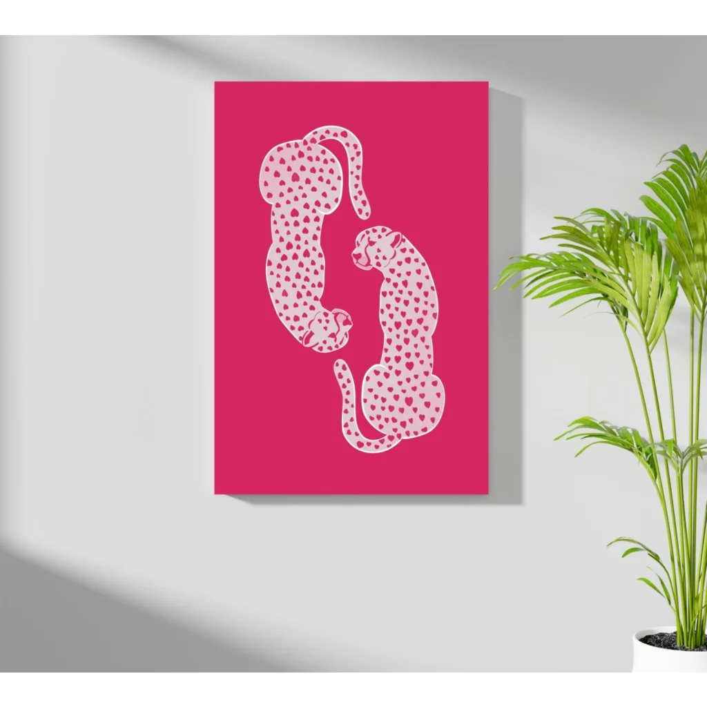 Vibrant pink insigne aluminum print of two white cheetahs with heart spots