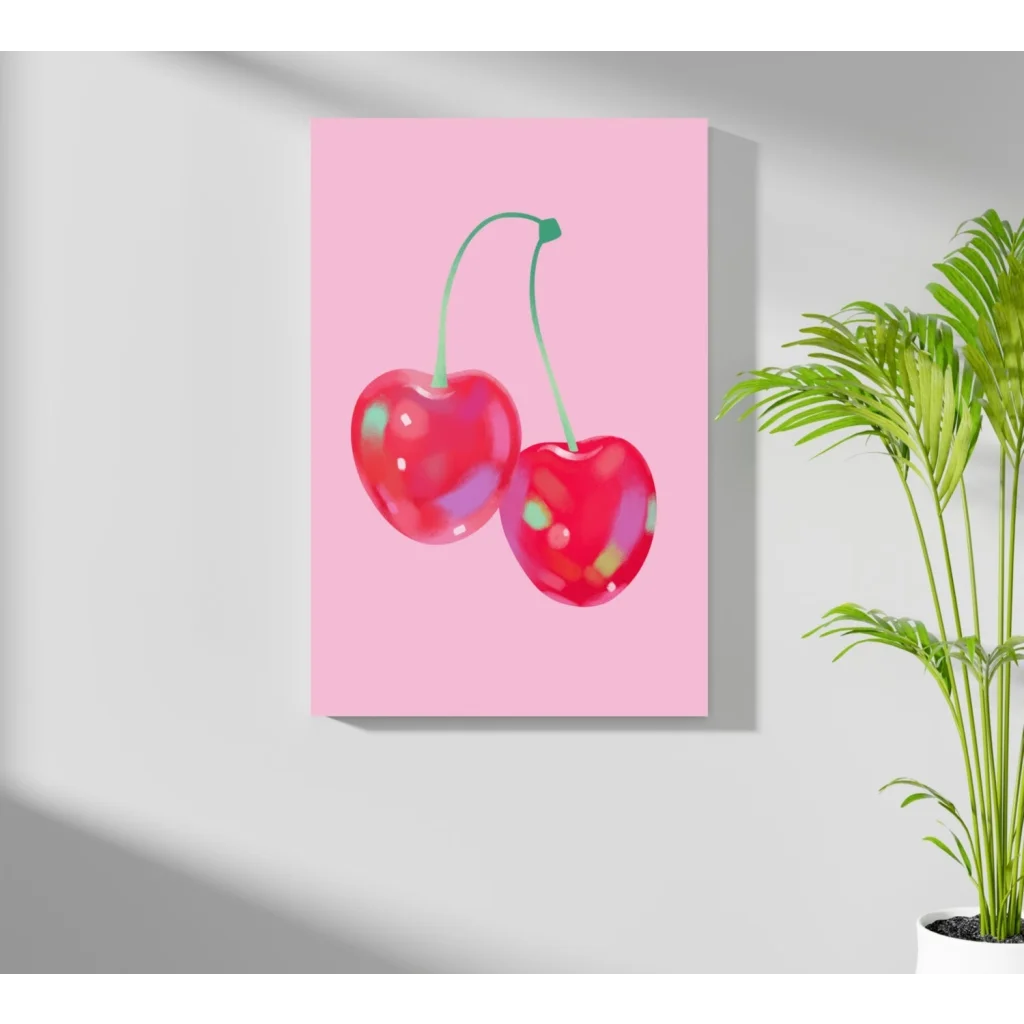 Pink glossy cherries on insigne aluminum prints background