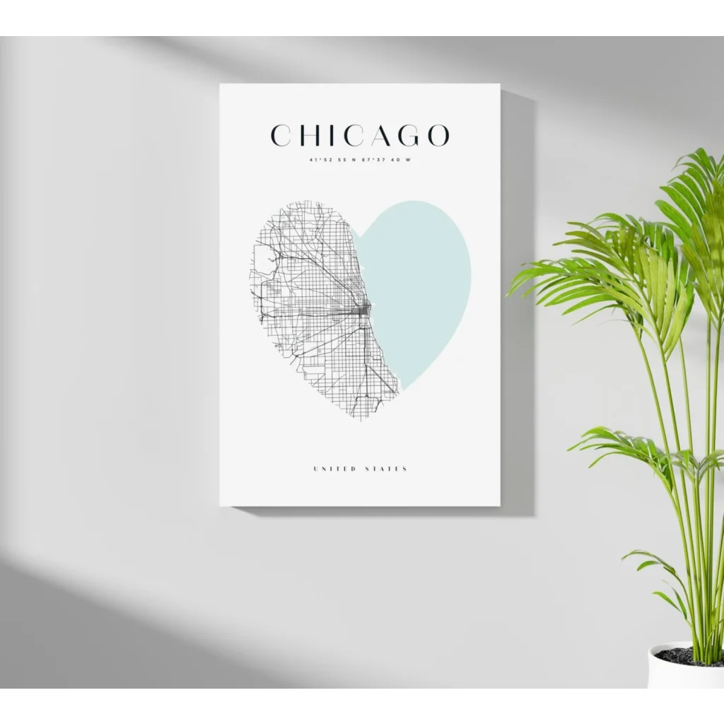 Chicago heart map insigne aluminum print in minimalist style