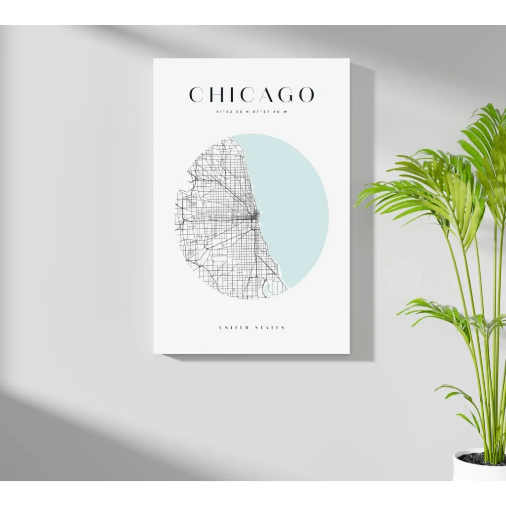 Minimalist Chicago map insigne aluminum print with light blue accent