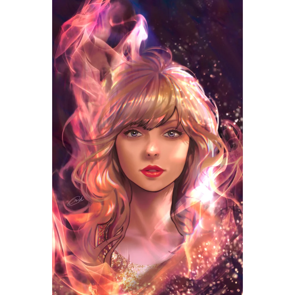 Vibrant digital portrait of a woman with blonde hair and red lips for Female Force Taylor Swift comic