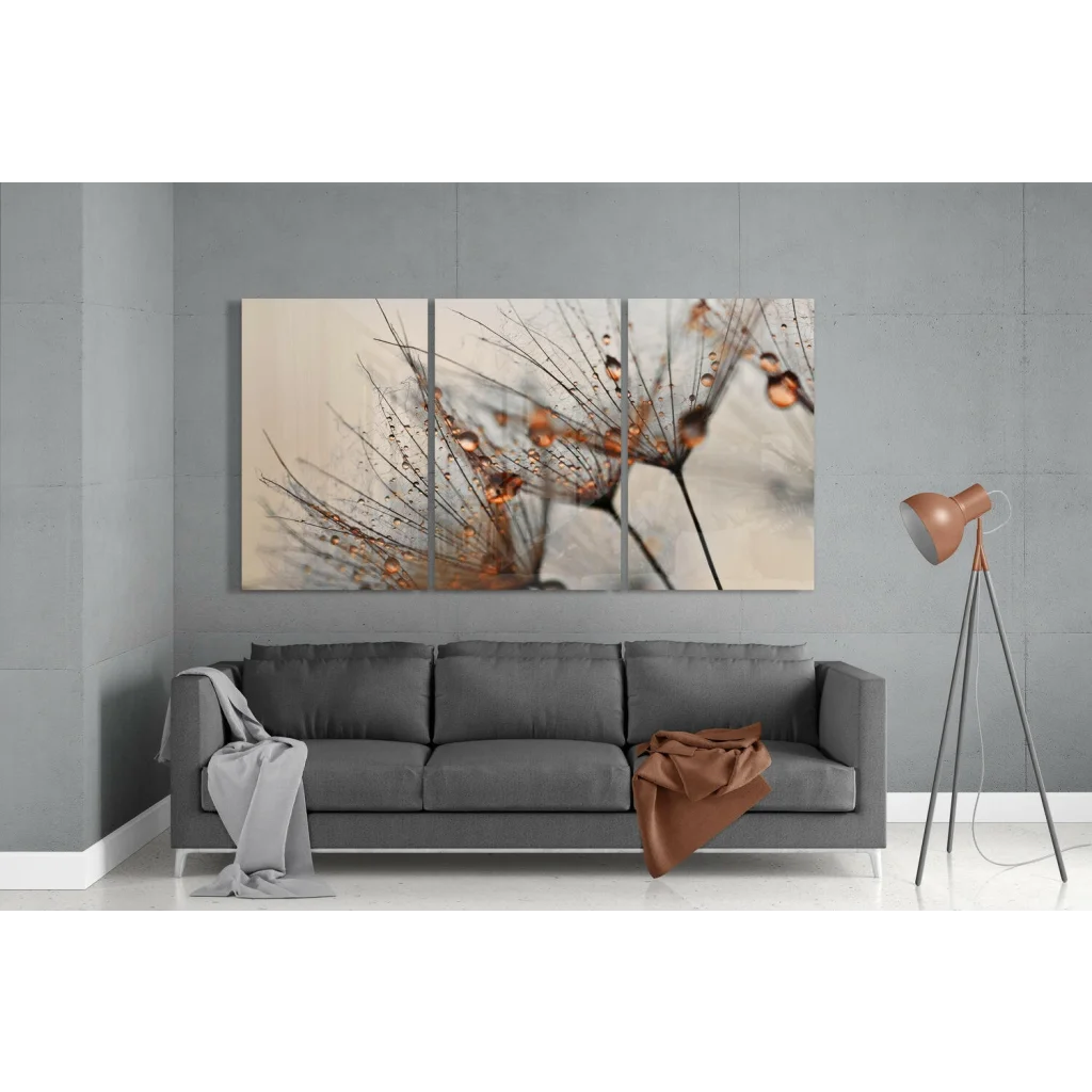 Amber dewdrop dandelion glass wall art triptych with dried stems