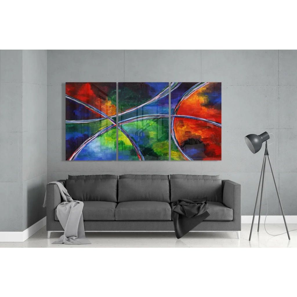 Vibrant swirling colors abstract triptych wall art with bold red blue green orange swirls