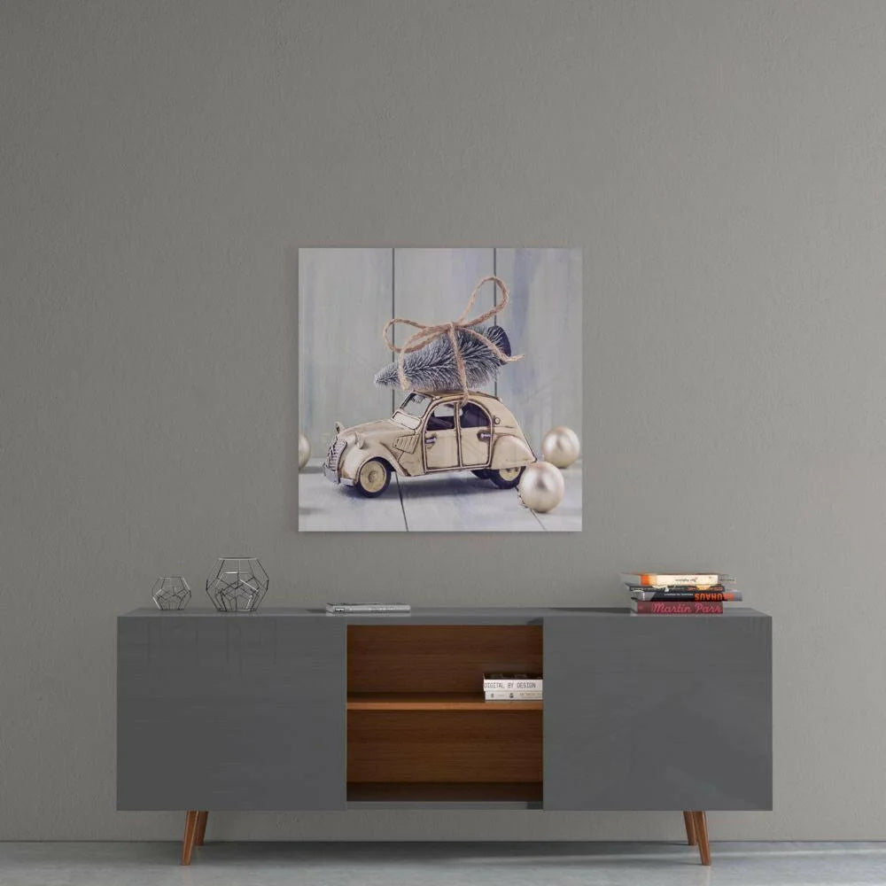 Beige vintage Citroën with mini Christmas tree on glass wall art