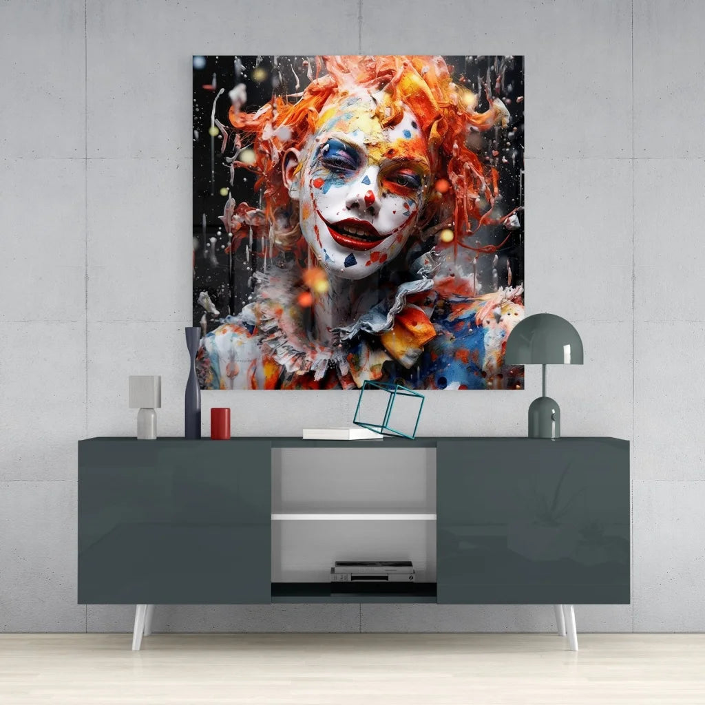 Vibrant clown tempered glass art with bold orange, blue splatters