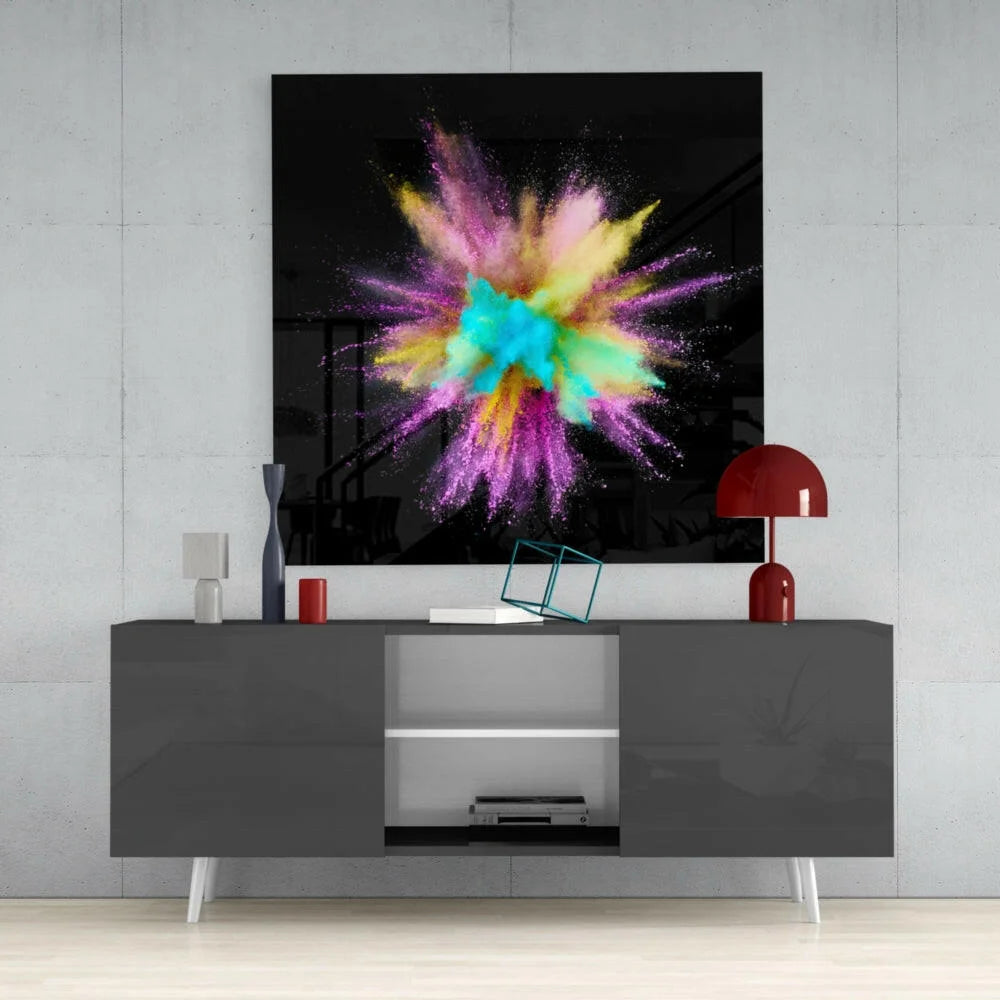 Vibrant multicolored powder explosion glass wall art on black panel