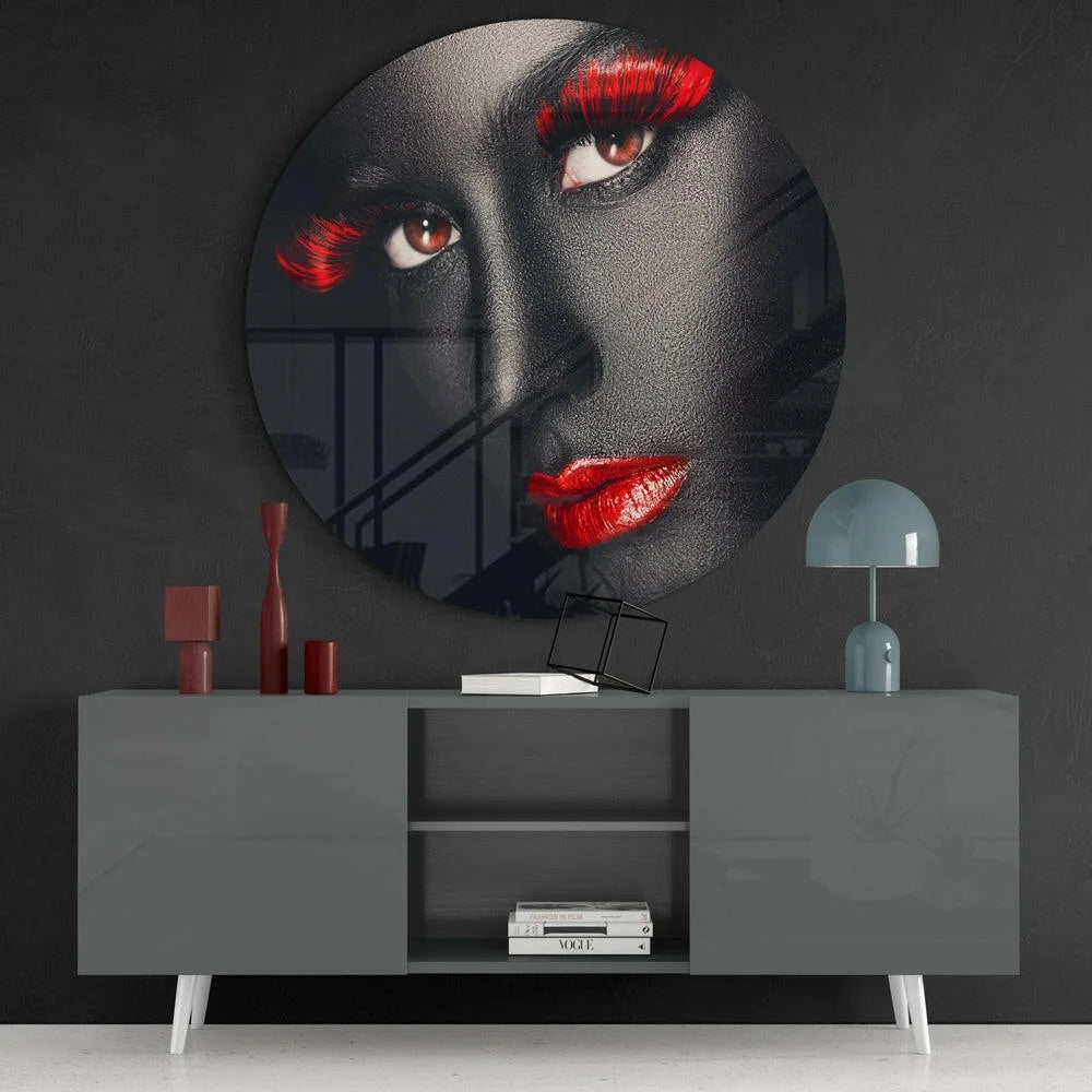 Bold red lips woman portrait in circular tempered glass art
