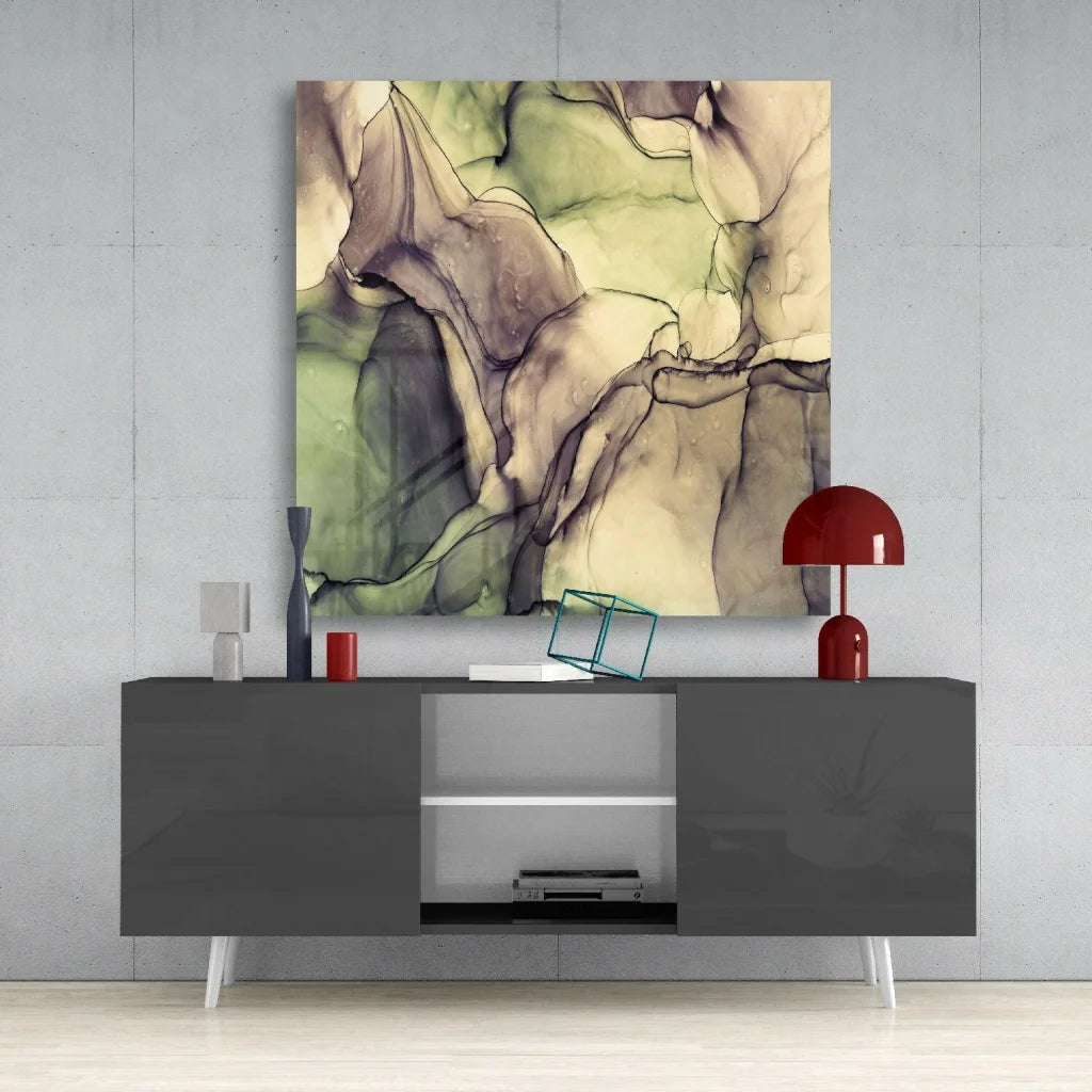 Stunning swirled glass wall art with glossy abstract design in muted greens, browns, and cream