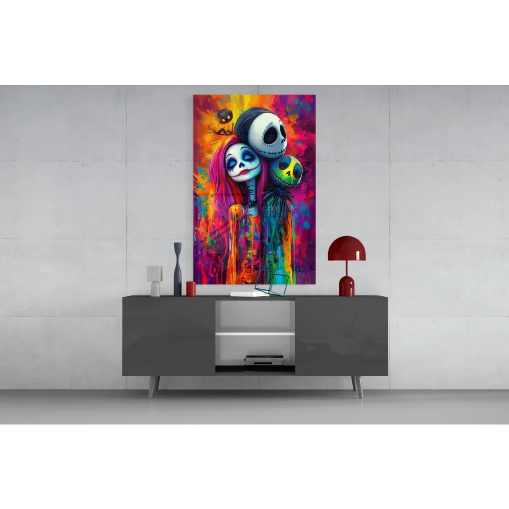 Vibrant Jack Skellington and Sally rainbow psychedelic wall art canvas print