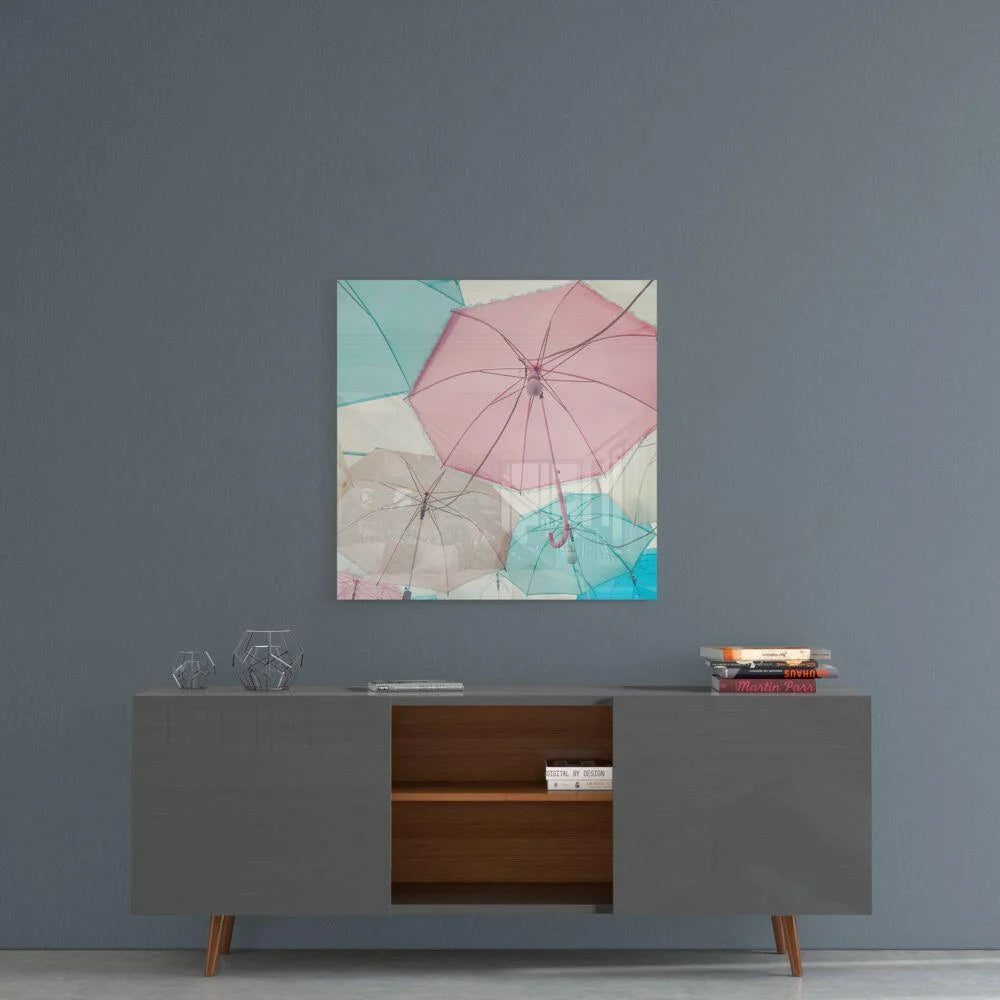 Pastel pink and mint umbrella wall art on square canvas print