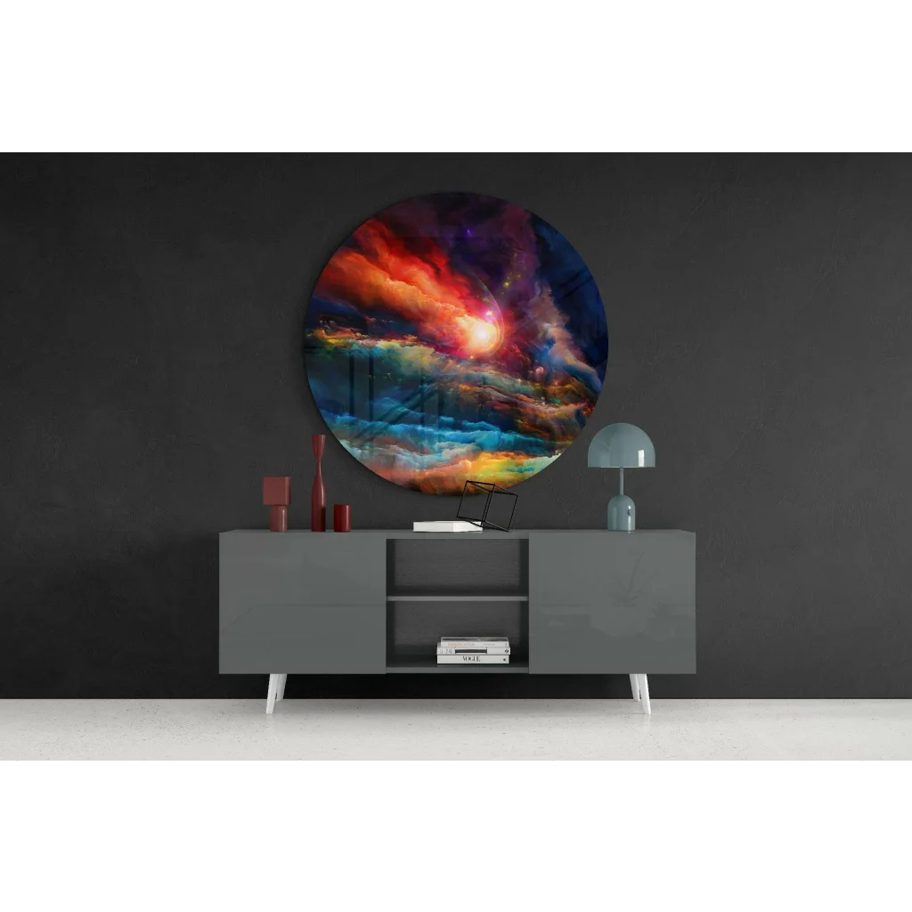 Vibrant cosmic nebula tempered glass art circle in swirling reds and blues