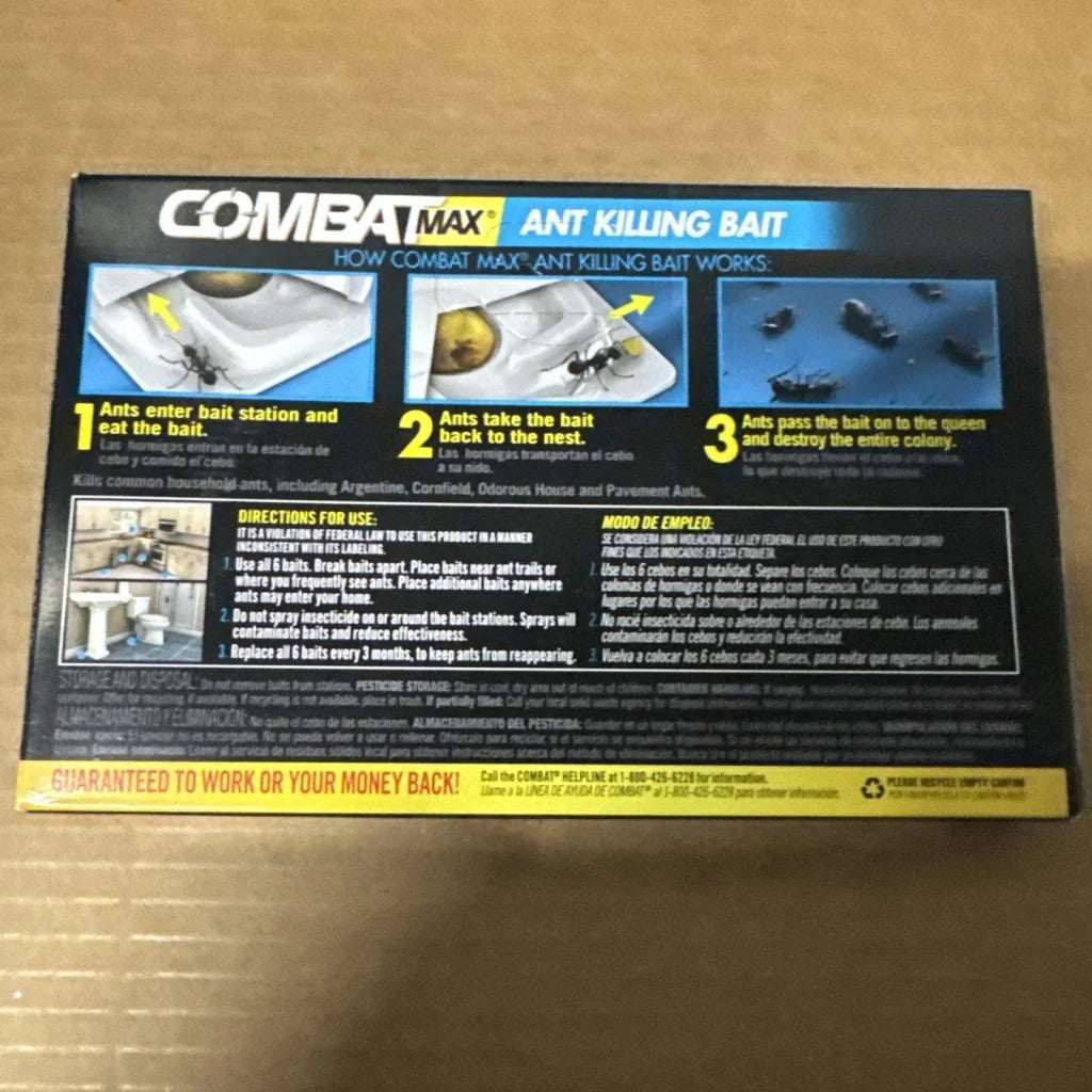 Combat Max Source ant killing bait box with black blue pack, steps