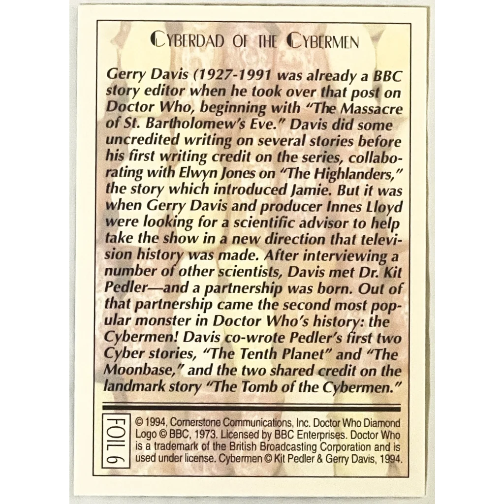 Informational block on Gerry Davis and his role in creating the Cybermen for 1990s Doctor Who trading cards