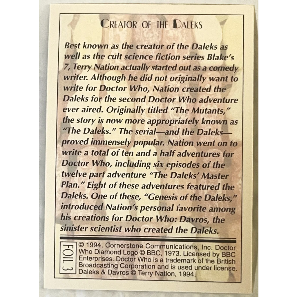 Informational plaque on Terry Nation, creator of Daleks for 1990s Doctor Who trading cards