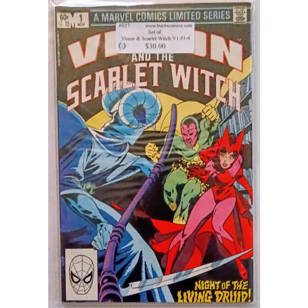Scarlet Witch in dynamic blue green red poses on Marvel Comics Vision series cover