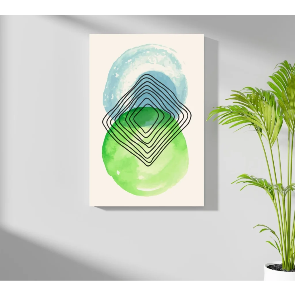 Abstract watercolor aluminum print with concentric black diamonds over green blue splotches