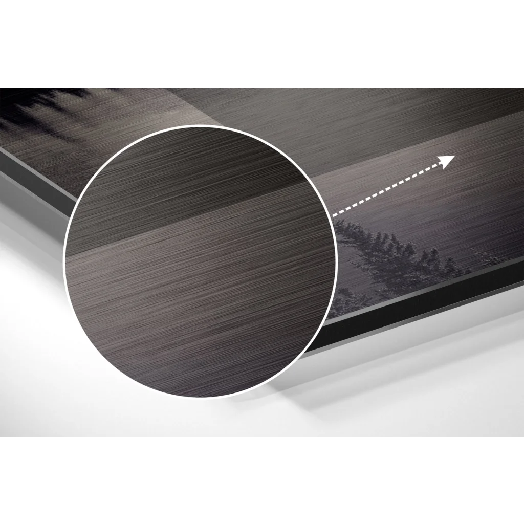 Dark gray wood-grain textured surface on brushed aluminium dibond print