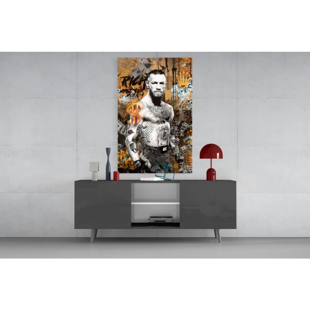 Conor McGregor gold money canvas wall art print with minimalist sideboard