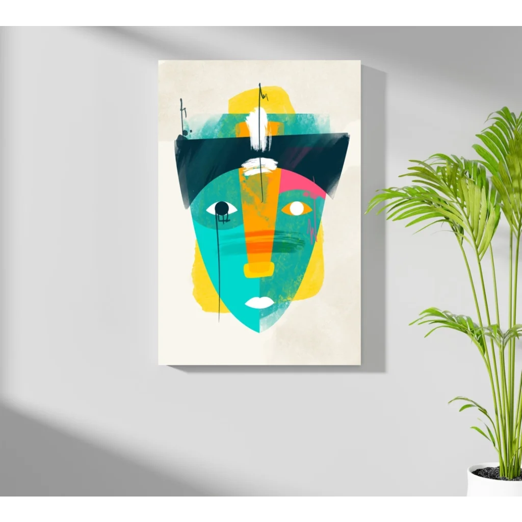 Vibrant abstract face on insigne aluminum print with teal yellow black shapes