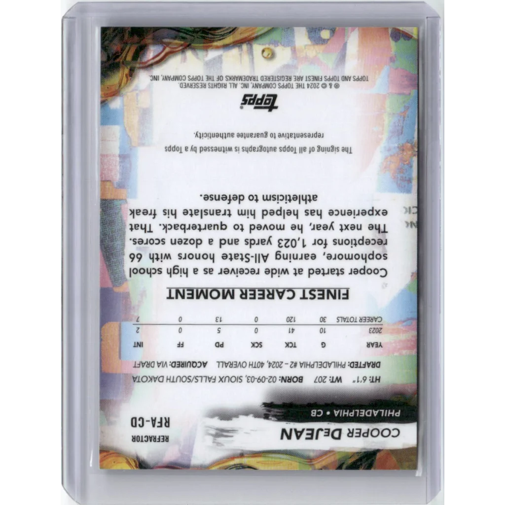 Vertical Cooper DeJean rookie autograph football trading card in product display