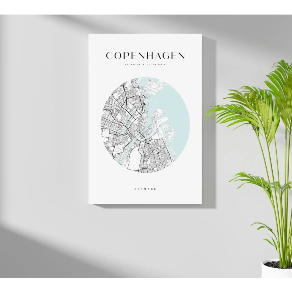 Minimalist Copenhagen map aluminum print in blue and black