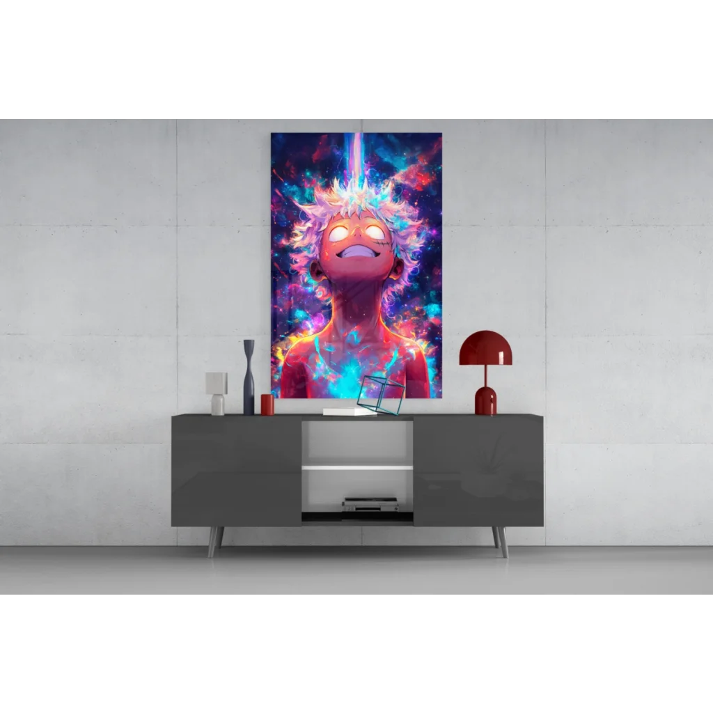 Vibrant anime spiky-haired character glowing on cosmic purple blue wall art canvas print
