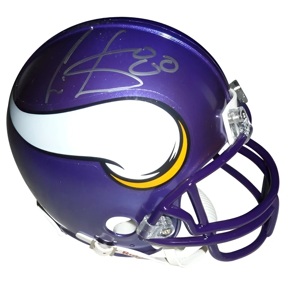 Purple minnesota vikings mini helmet with white and yellow logo cris carter autographed in silver ink