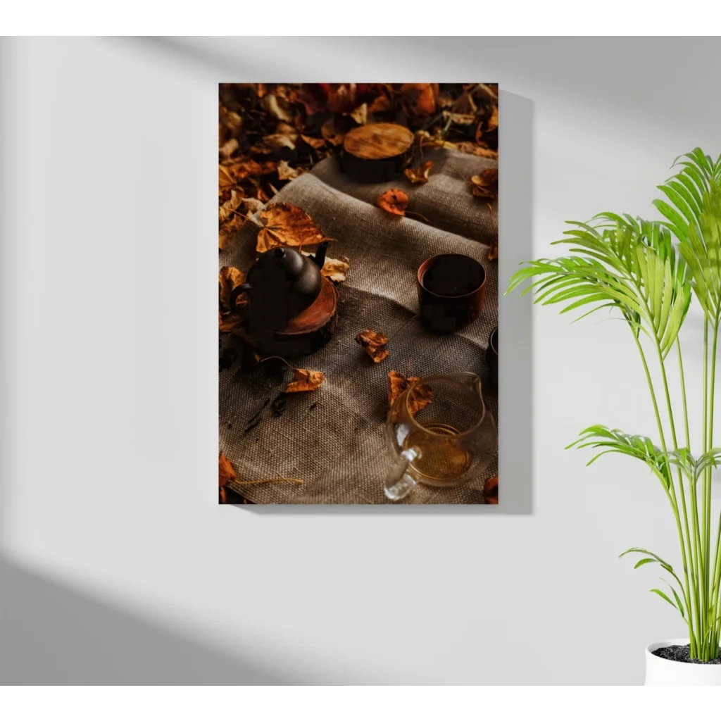 Rustic black teapot on wooden coaster with autumn leaves, Insigne aluminum print