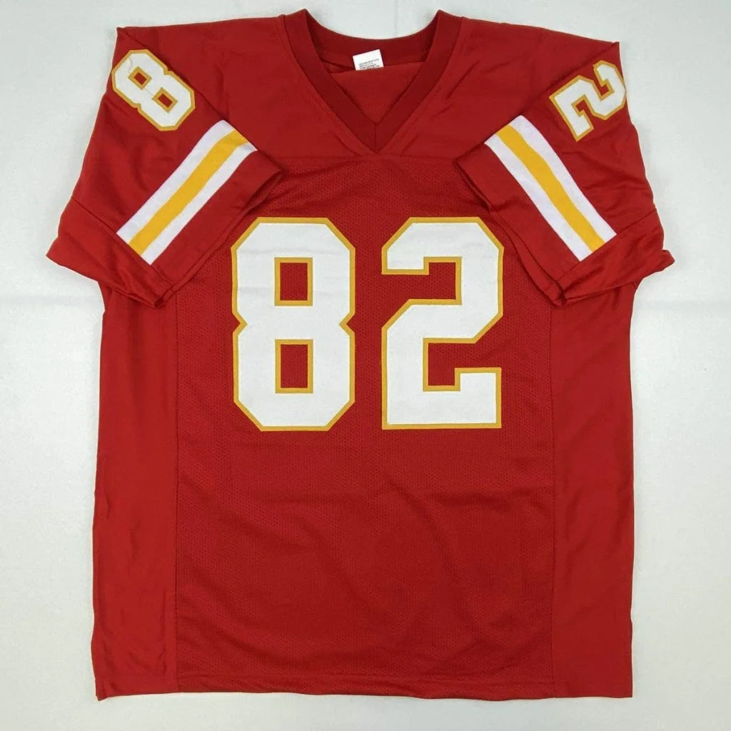 Red V-neck custom jersey with white and gold stripes and large numbers for sports league fans