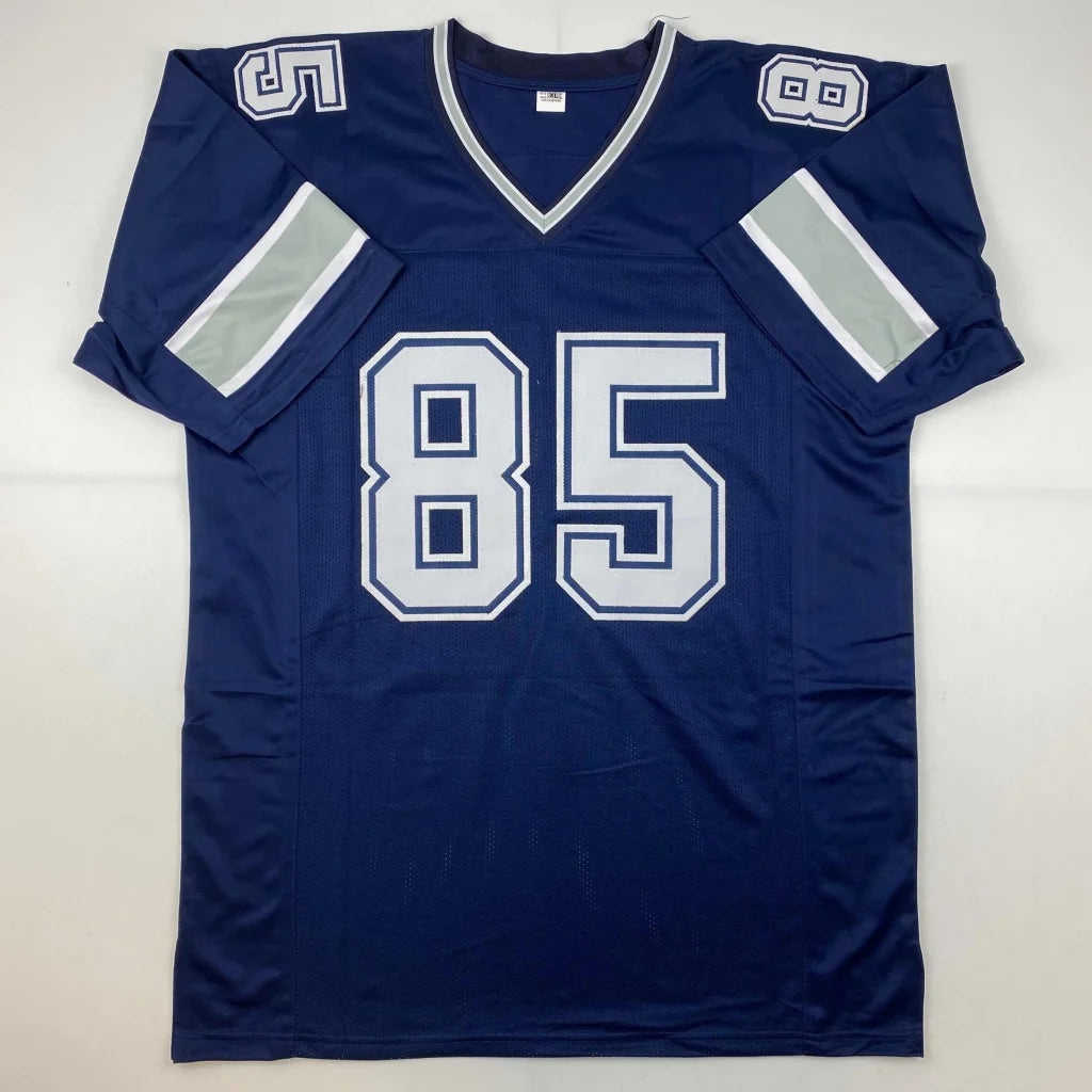 Navy blue custom jersey with white trim and number 85 for Dallas Cowboys pro sports league