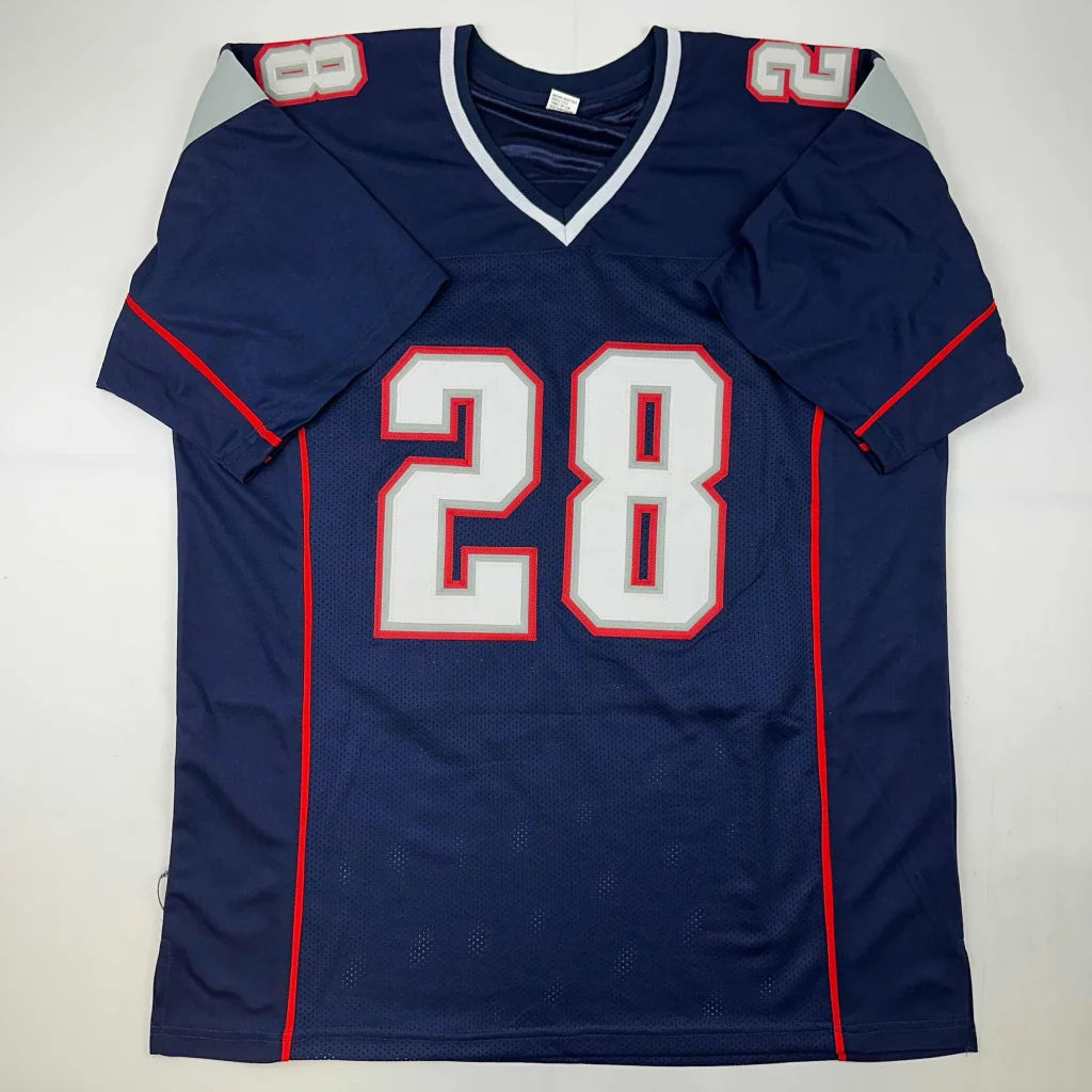 Navy blue custom jersey with number 28 for Patriots, perfect for sports league fans