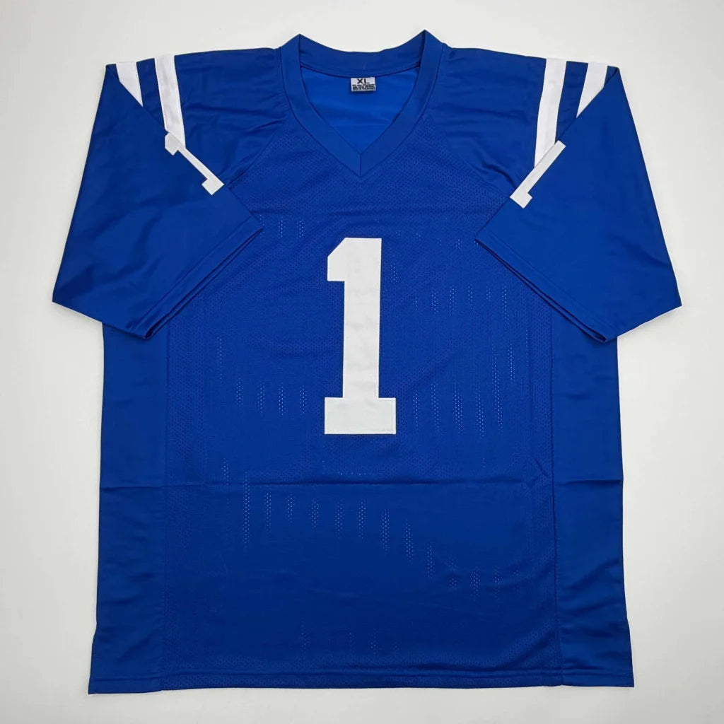 Royal blue custom jersey with white number 1 for professional sports