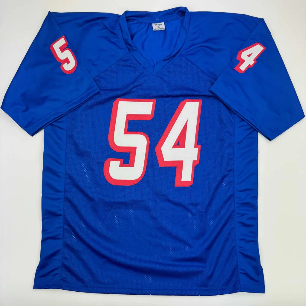 Blue custom jersey with White and Red 54 numbers, perfect for Football fans