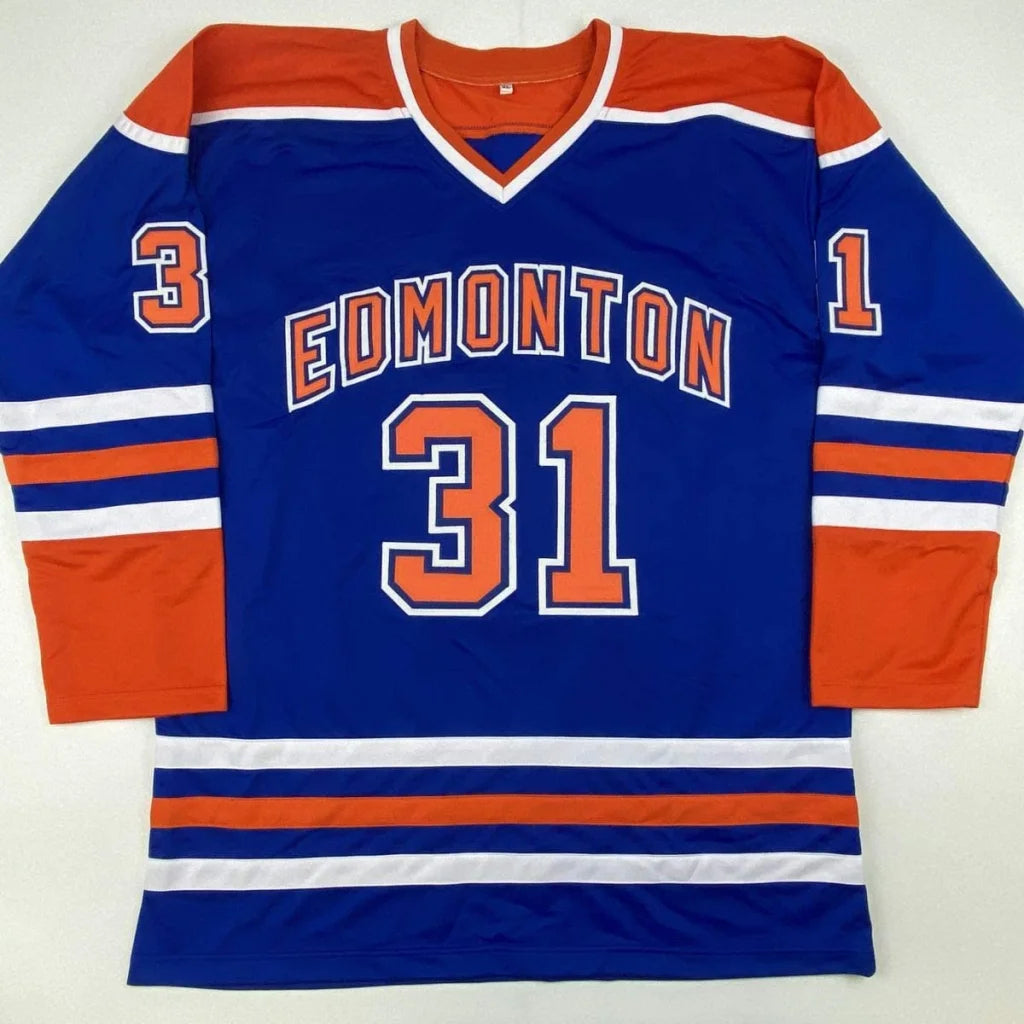Blue and orange long-sleeved hockey jersey from custom jersey collection featuring hockey legends