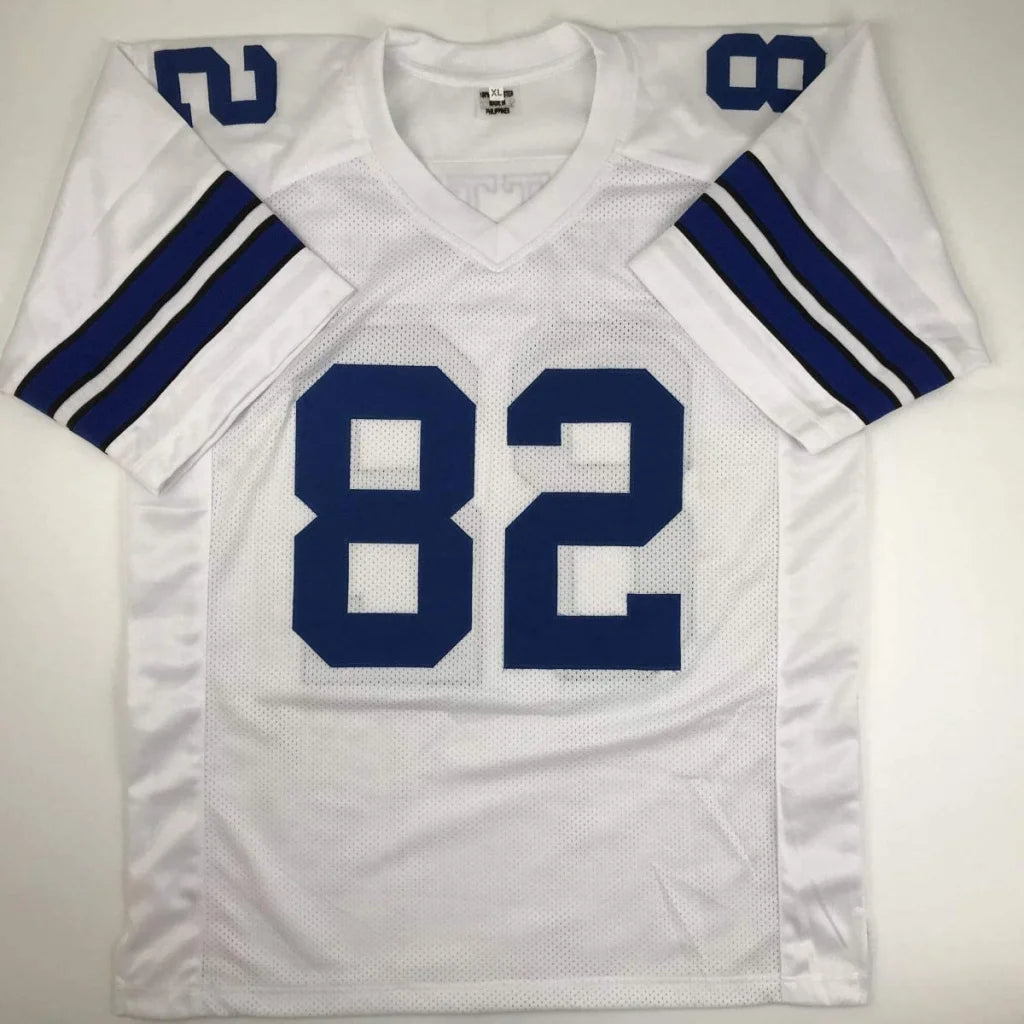 White custom jersey with blue 82 number from Dallas Cowboys professional sports league