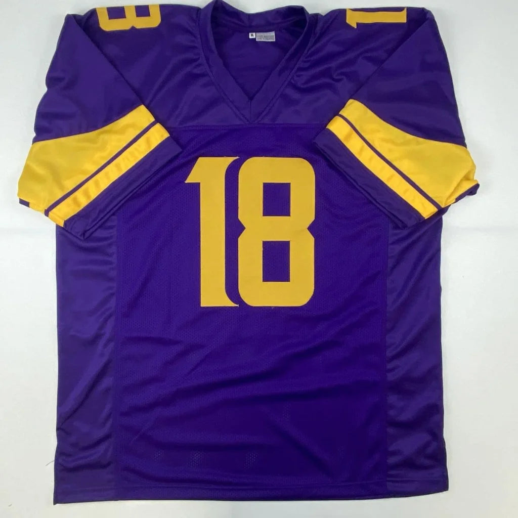 Purple and gold custom jersey with number 18, perfect for NFL football fans