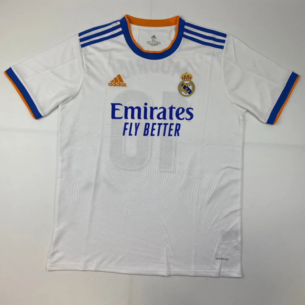 White Adidas Real Madrid custom jersey with blue and orange trim for professional sports league