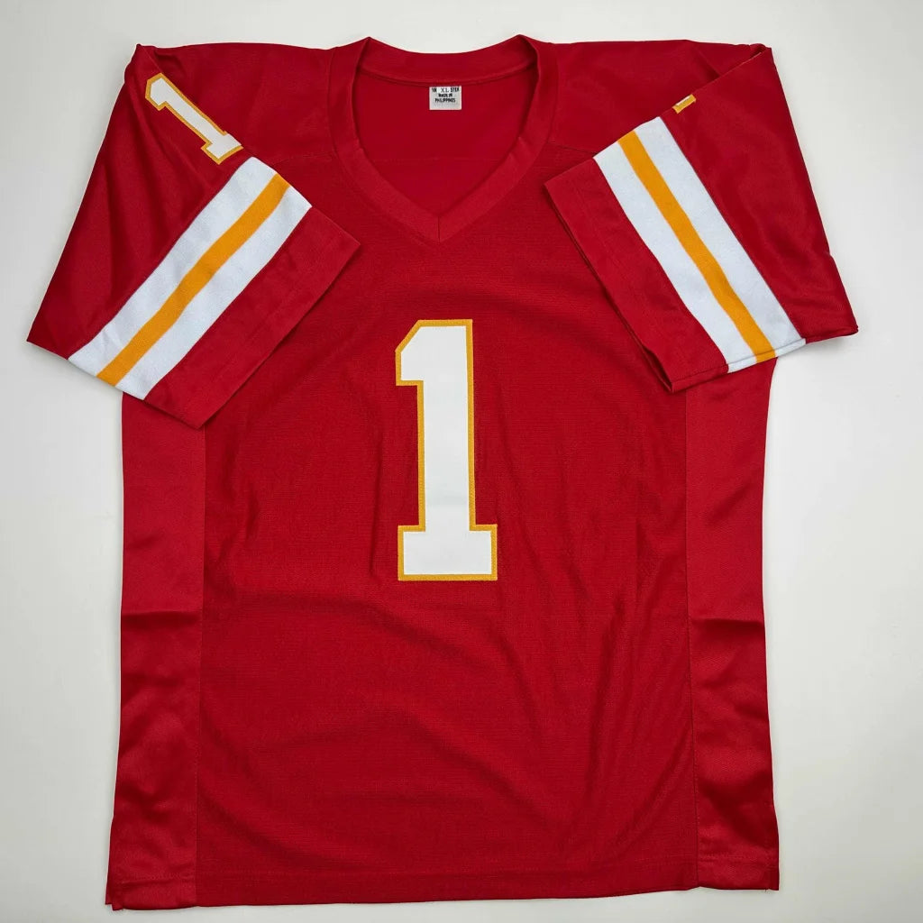 Red custom jersey with number 1, white yellow sleeve stripes