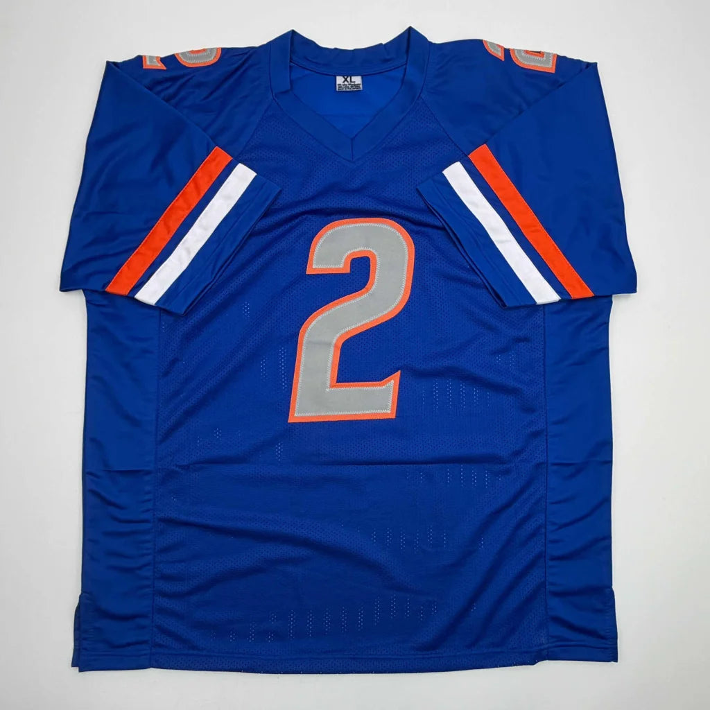 Custom Jersey Number 2 Jeanty autographed royal blue football jersey with orange shoulder stripes