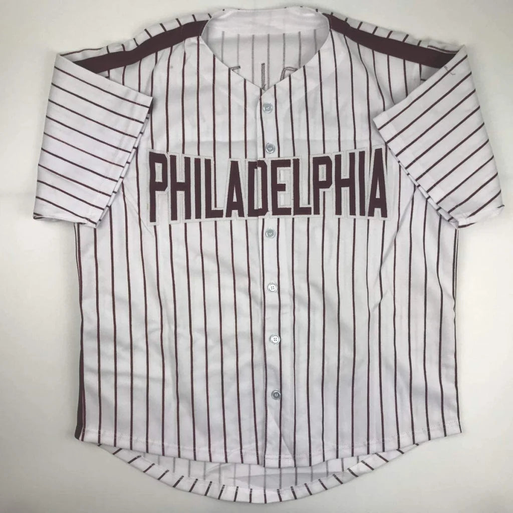 White and brown striped custom jersey with Philadelphia text for sports league fans