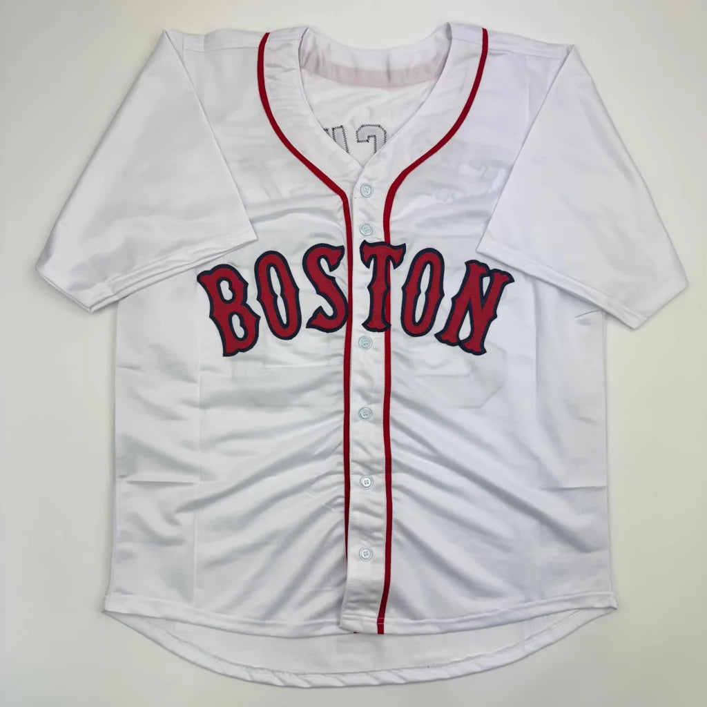White Boston custom jersey #35 with red lettering, pro sports style