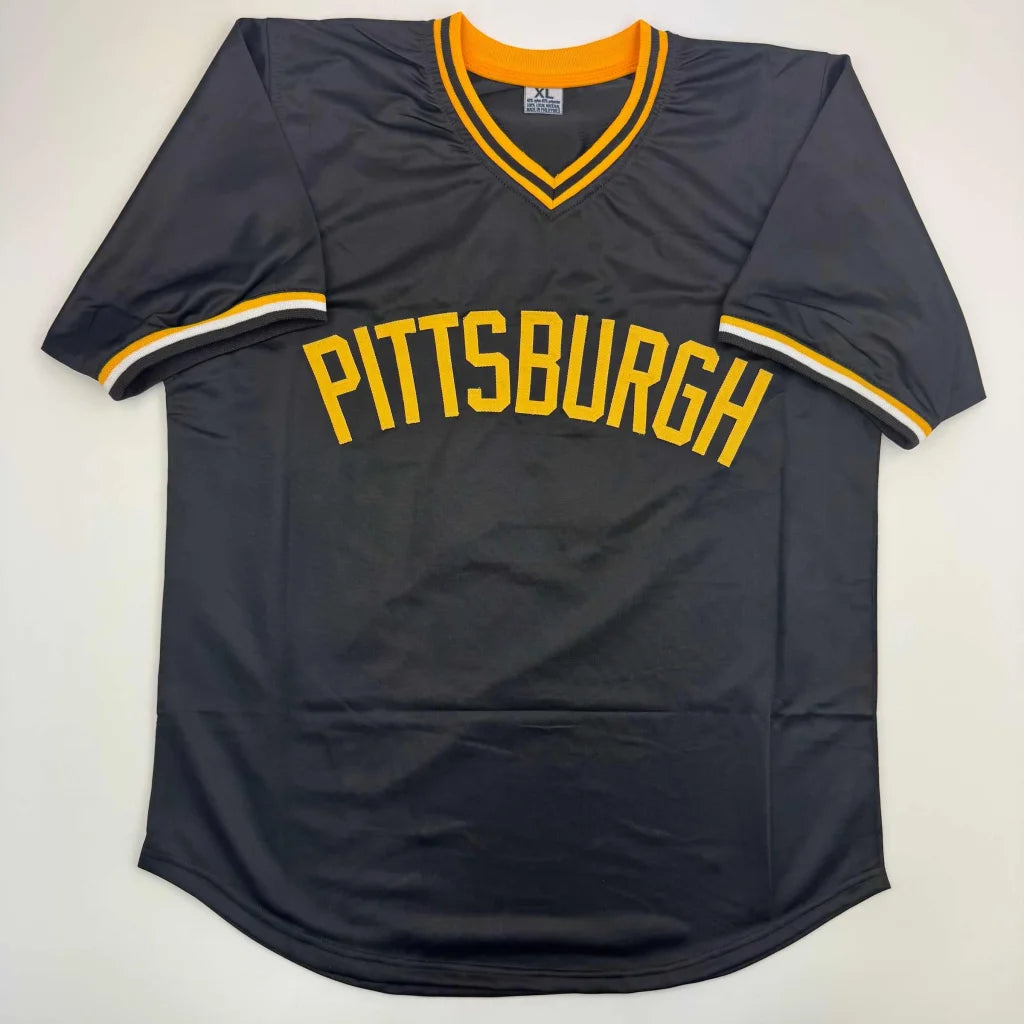 Custom Pittsburgh v-neck baseball jersey in navy blue with yellow lettering