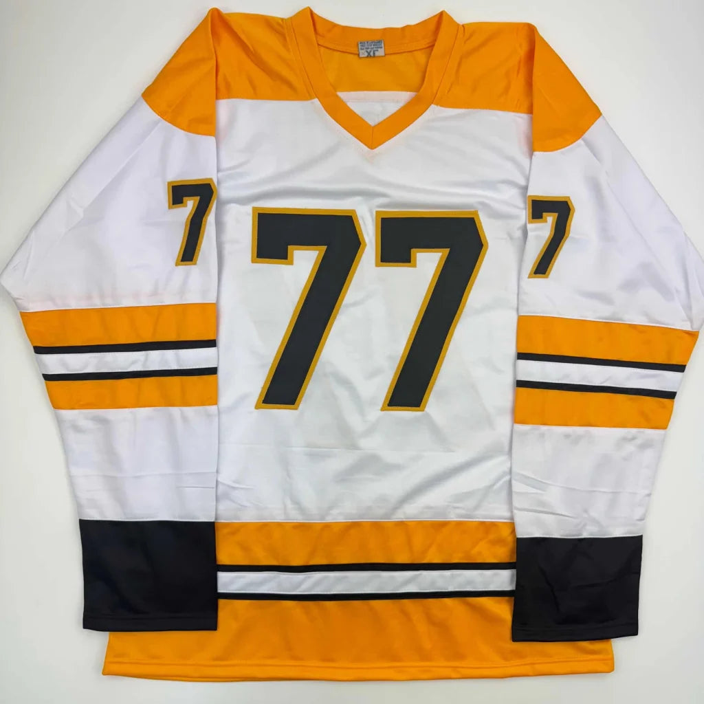 Custom Jersey Number 77 Bourque white gold black design for pro sports leagues