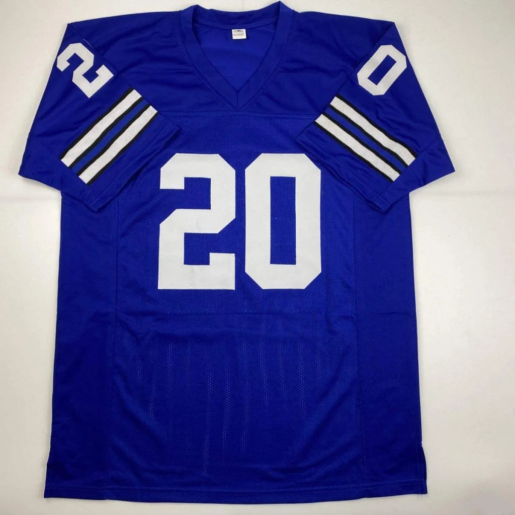 Royal blue custom jersey with white stripes, number 20, pro sports league style