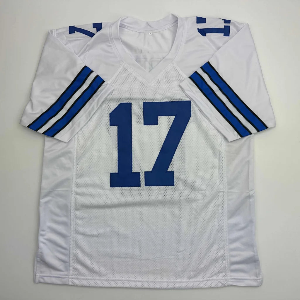 White custom jersey with blue stripes, number 17, signed by Blake Aubrey