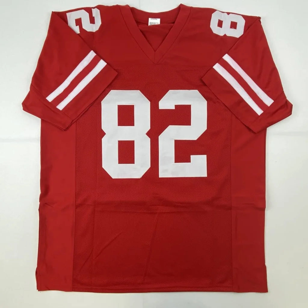 Custom red athletic jersey with white number 82 and double arm stripes for sports league