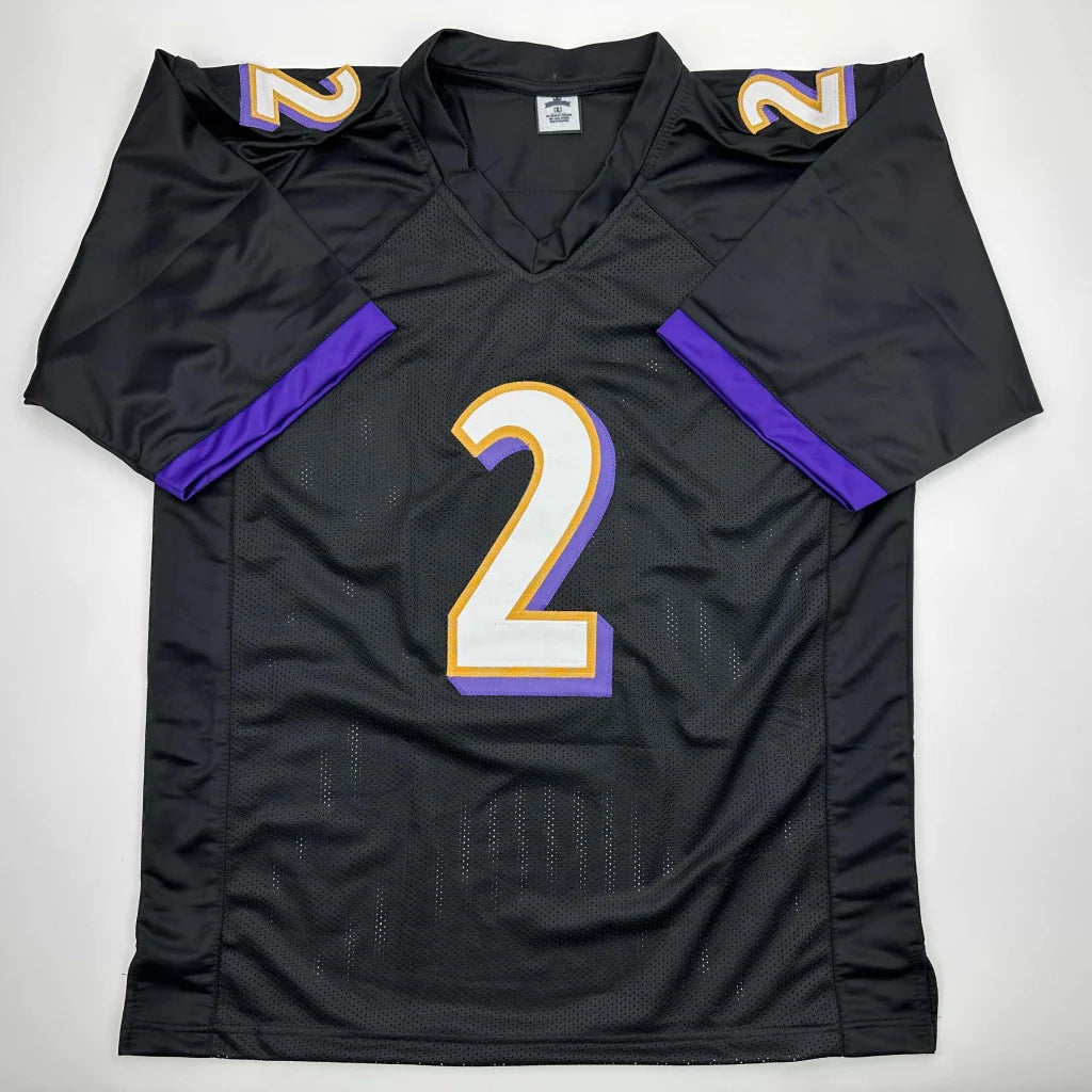 Black custom jersey Wiggins #2 with purple gold accents, pro sports collectible