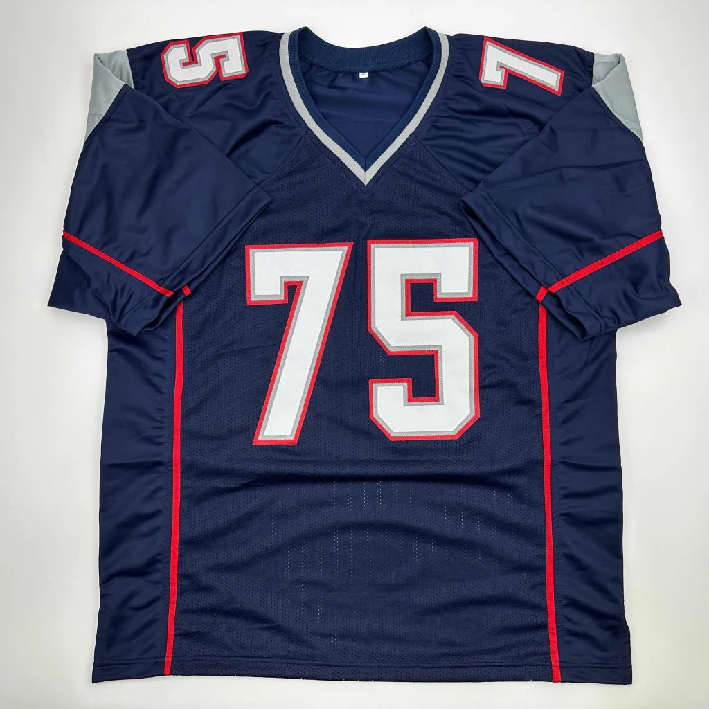 Dark blue custom jersey with white and red trim from Wilfork Patriots collectible